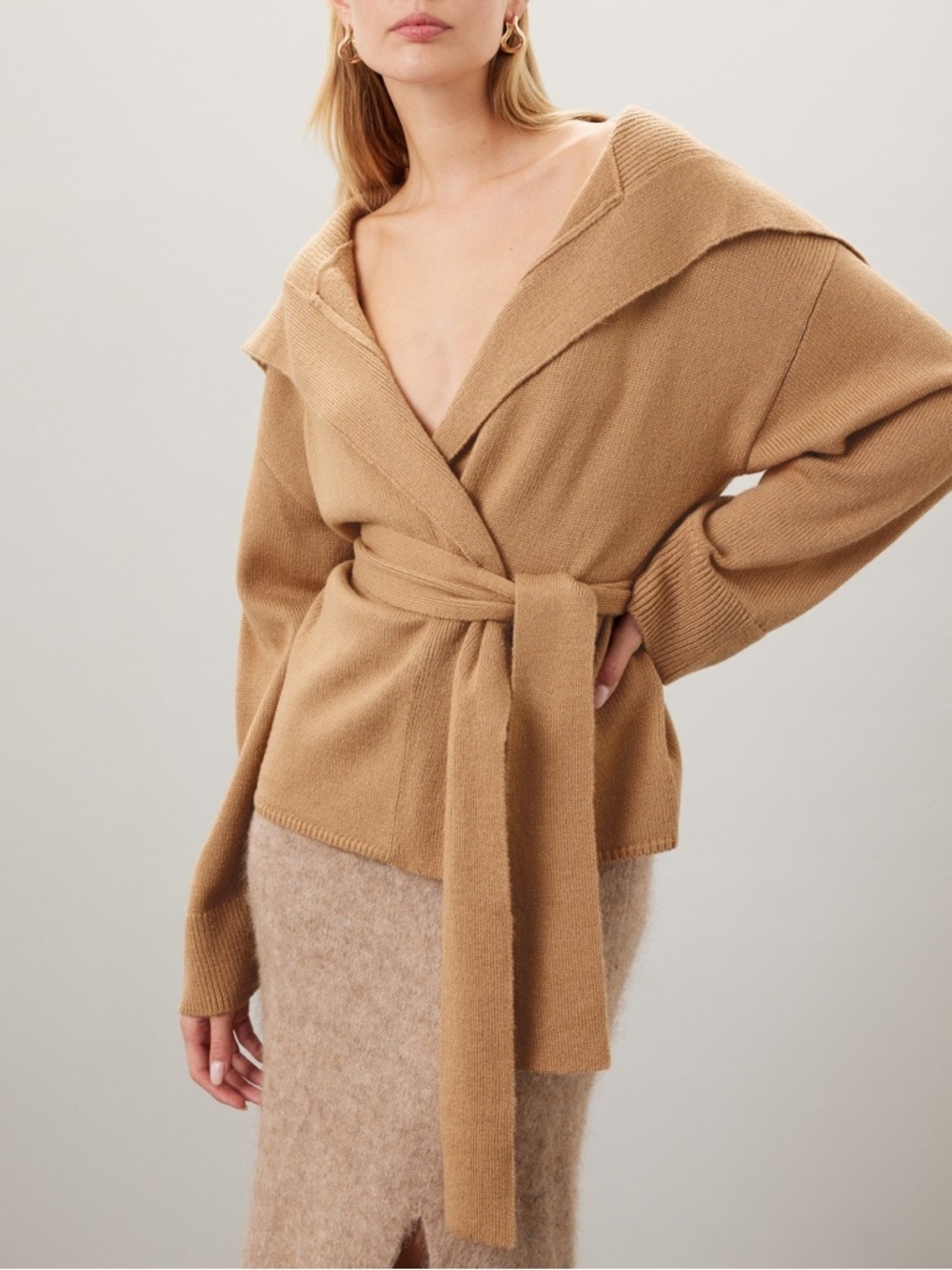 Marina Moscone Tie Waist Shawl Collar Sweater Cardigan Camel Tan Sz S